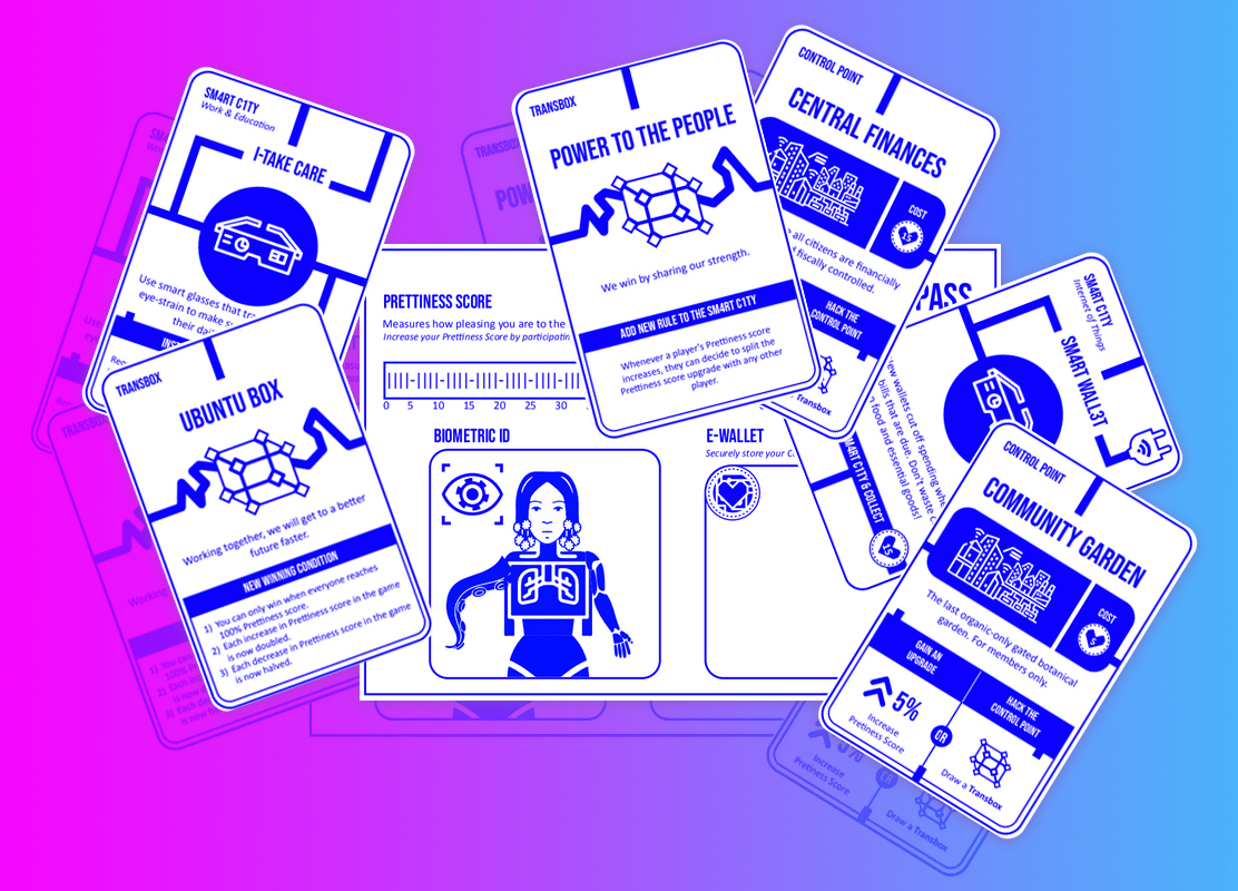 A mock-up of game components for the first playable prototype of the Algorithms of Late Capitalism board game.